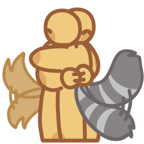 two people happily hugging with tails wagging- golden retriever and raccoon